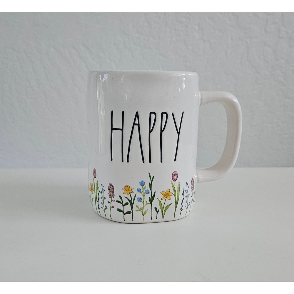 Rae Dunn "Happy" Mug White W/ Flowers Summer Spring Coffee Tea Cup Beautiful